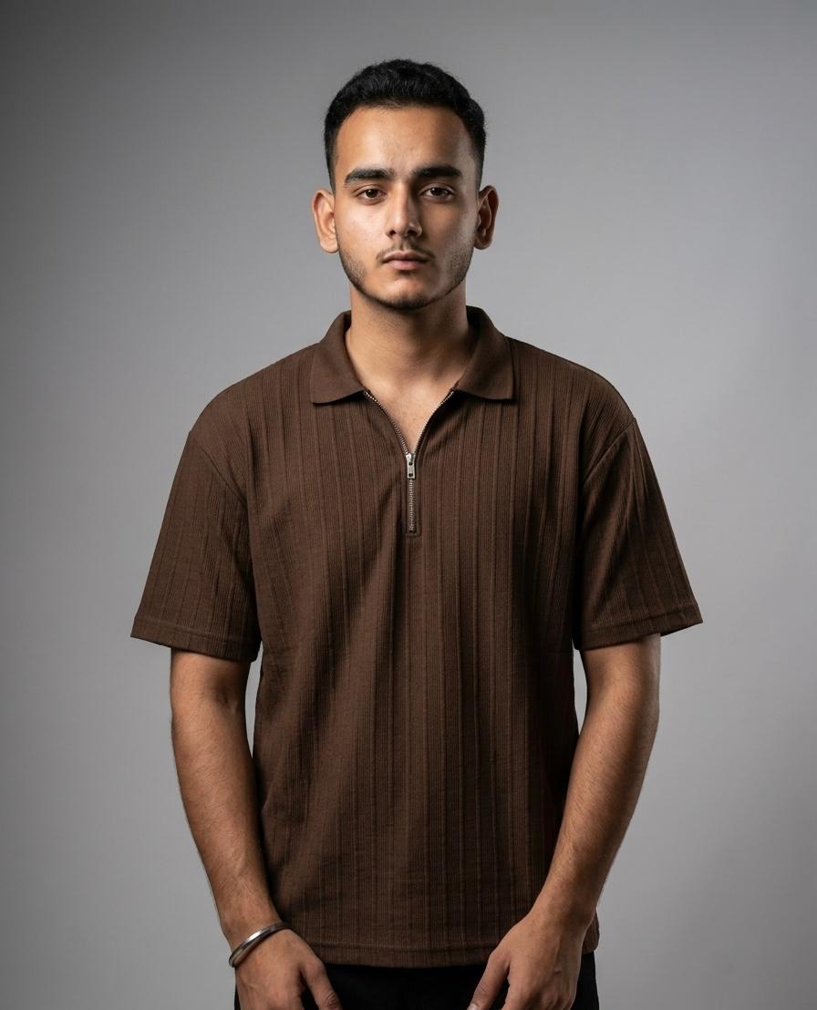 Mocha Luxe Ribbed Polo T-Shirt – Premium Oversized Streetwear Fit for Men